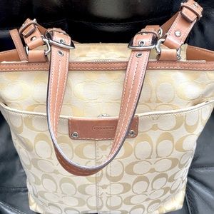 🤩 Coach *Yellow* Signature Jacquard Leather Trim 13” x 11” Bag Spring Essential